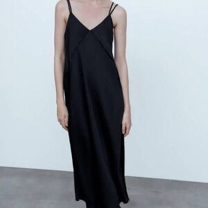 Zara Satin Black Midi Dress - Size XS (fits S)